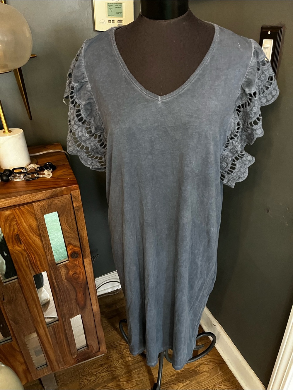 Lungo L’Arno Lace Sleeve Women's Dress in Washed Blue so cute! Sz L